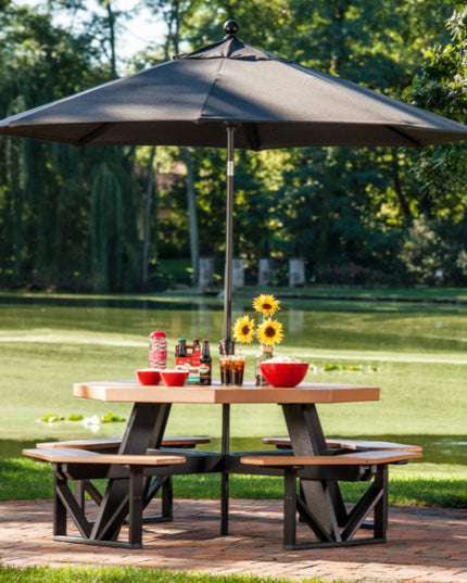 LuxCraft Poly Octagon Picnic Table featured in Cedar and Black with Sunbrella Umbrella