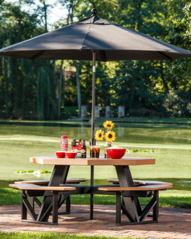 LuxCraft Poly Octagon Picnic Table featured in Cedar and Black with Sunbrella Umbrella