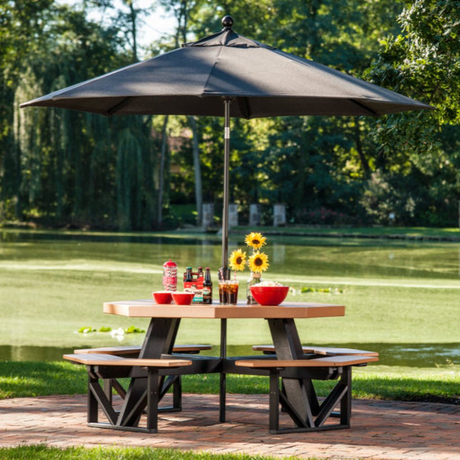LuxCraft Poly Octagon Picnic Table featured in Cedar and Black with Sunbrella Umbrella