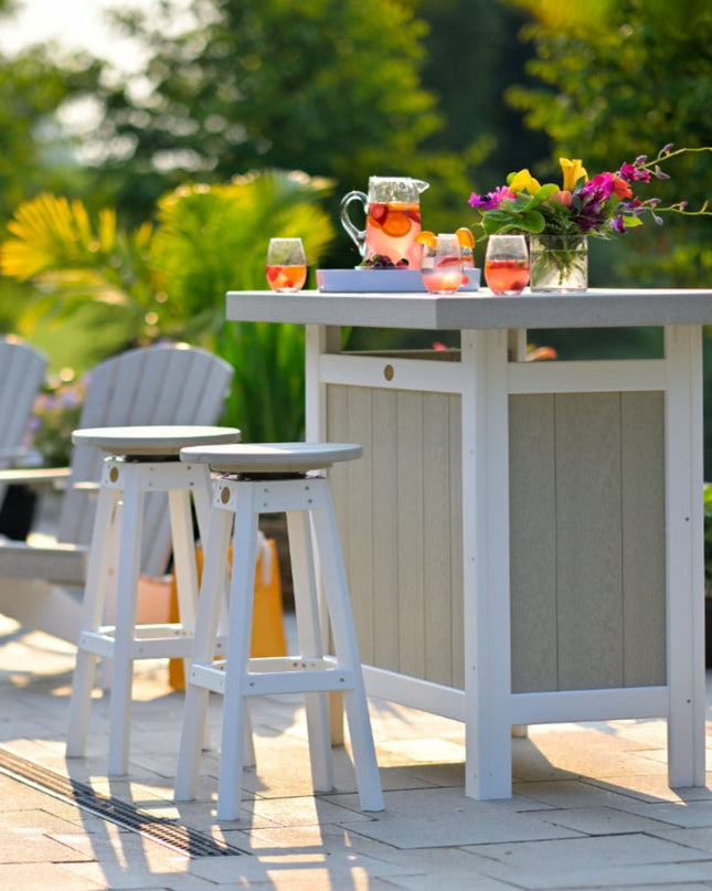 LuxCraft bar stool featured with LuxCraft Serving Bar in Weatherwood and White