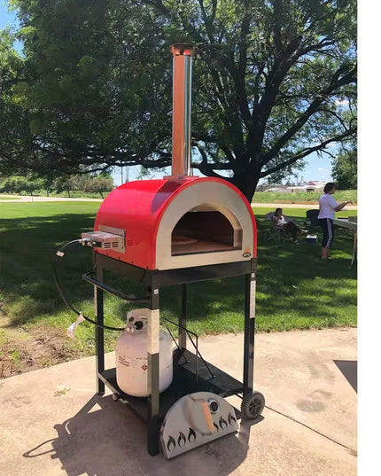 WPPO Dual Fueled 25-Inch Wood & Gas Fired Pizza Oven with Cart - Red